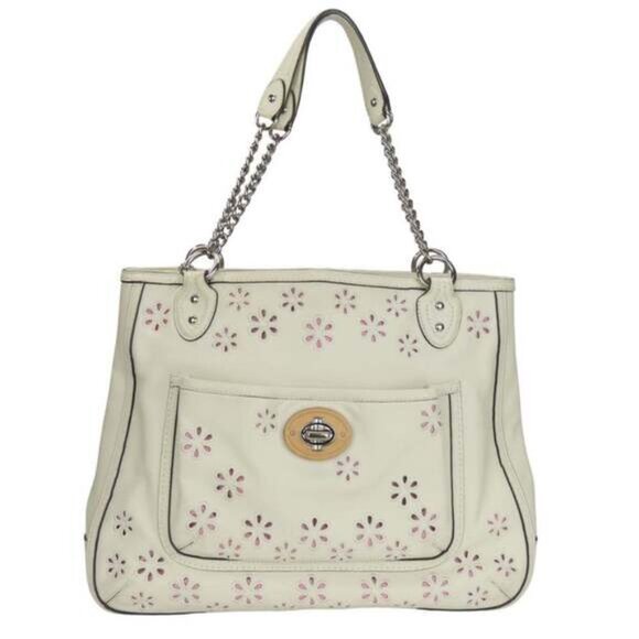 Coach Poppy Daisy Eyelet Leather Chain Tote Bag Ivory & Pink | Style #22438 GUC - Picture 3 of 17